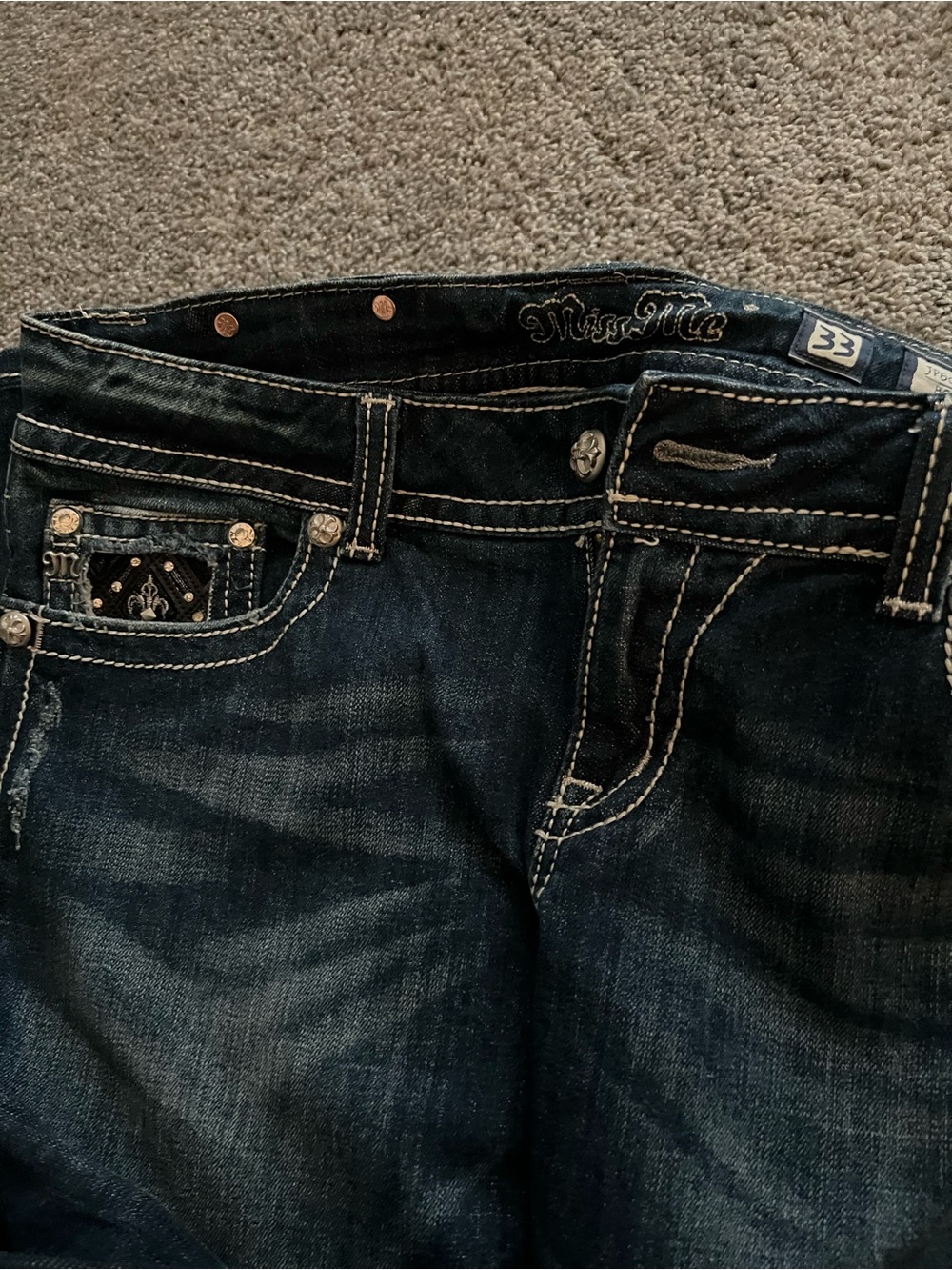 Miss Me Dark Indigo Boot Cut Jeans with Embroidered Pocket